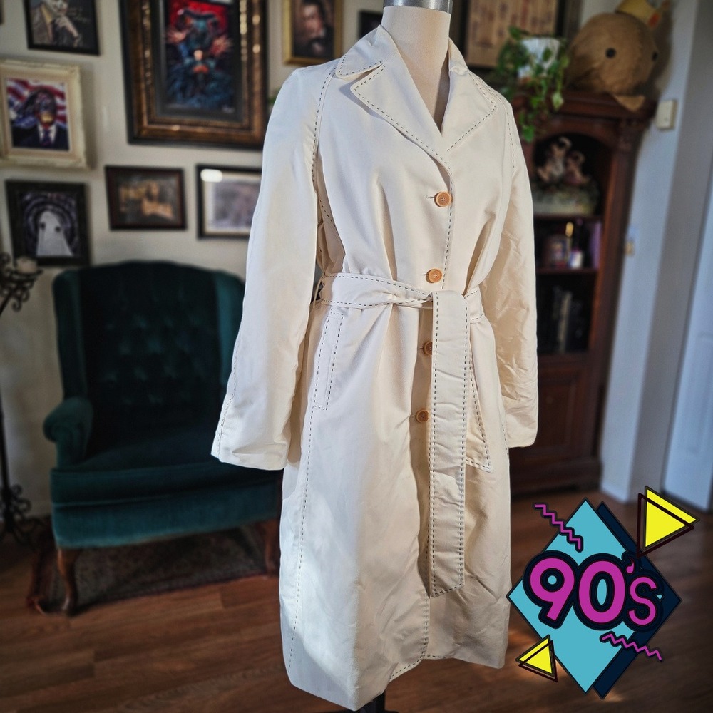 Ann Taylor Trench Coat Cream Vintage 90s Contrast Stitch Belted Duster Jacket XL